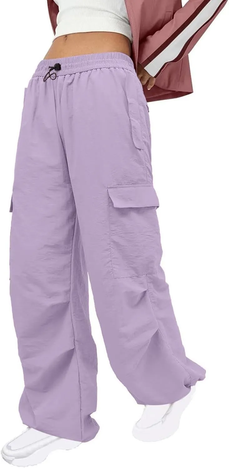 Y2K Teen Girls Street Cargo Pants Cute Low Waist Parachute Pants Multi-Pockets Wide Leg Cargo Pants Light Sweatpants