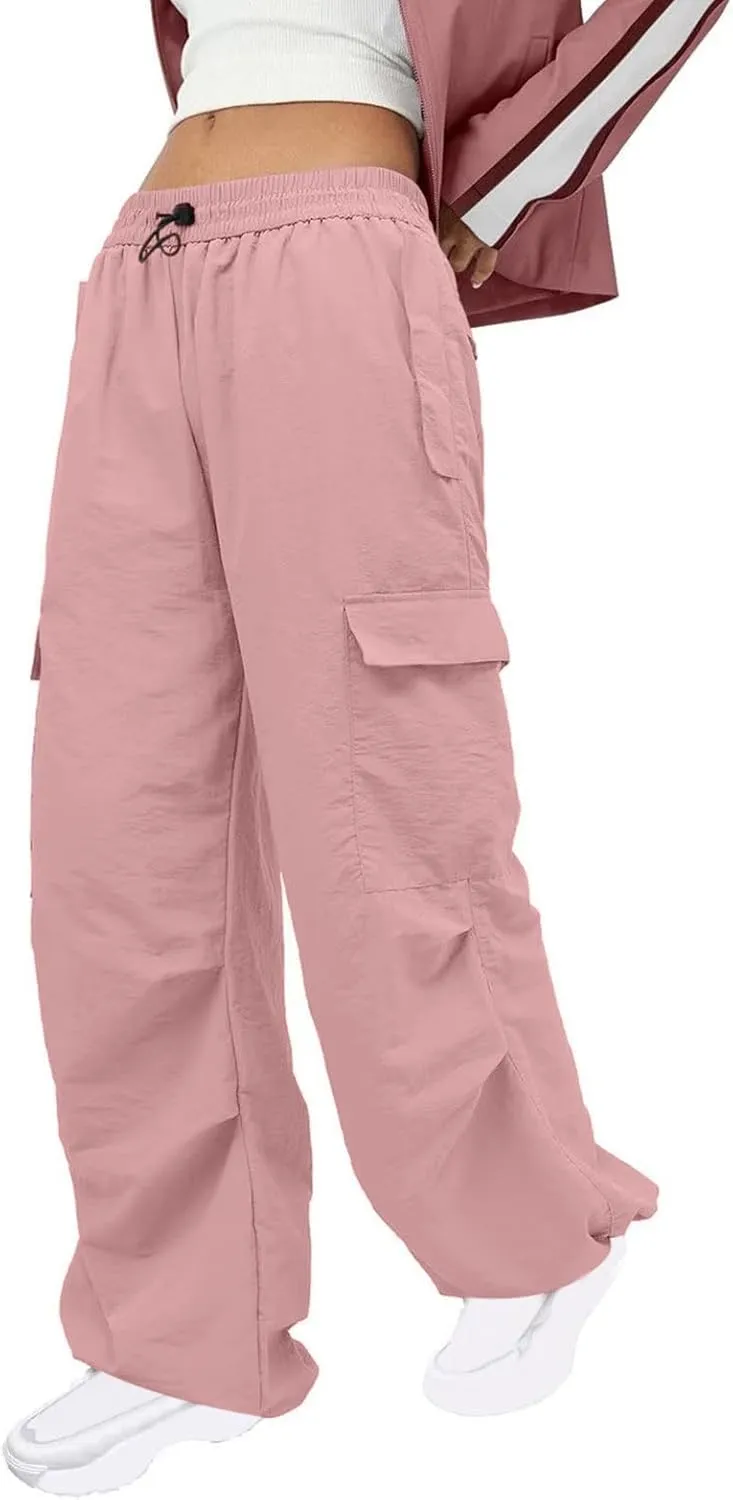 Y2K Teen Girls Street Cargo Pants Cute Low Waist Parachute Pants Multi-Pockets Wide Leg Cargo Pants Light Sweatpants