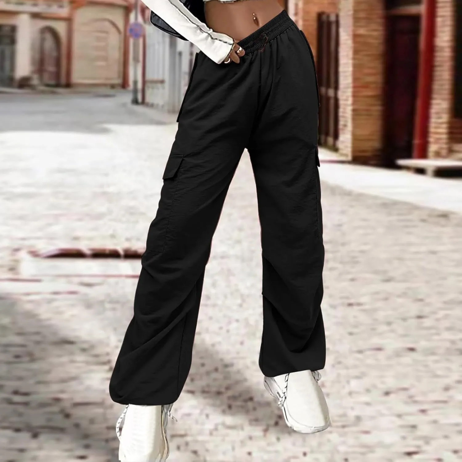 Y2K Teen Girls Street Cargo Pants Cute Low Waist Parachute Pants Multi-Pockets Wide Leg Cargo Pants Light Sweatpants