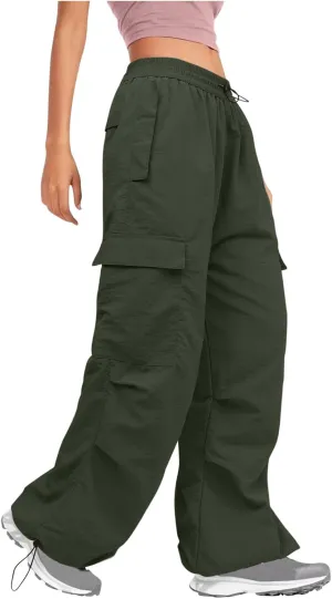 Y2K Teen Girls Street Cargo Pants Cute Low Waist Parachute Pants Multi-Pockets Wide Leg Cargo Pants Light Sweatpants