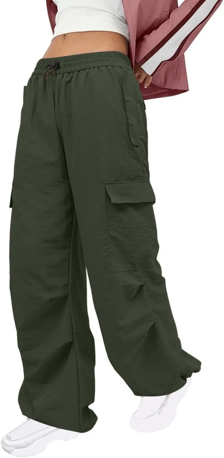 Y2K Teen Girls Street Cargo Pants Cute Low Waist Parachute Pants Multi-Pockets Wide Leg Cargo Pants Light Sweatpants