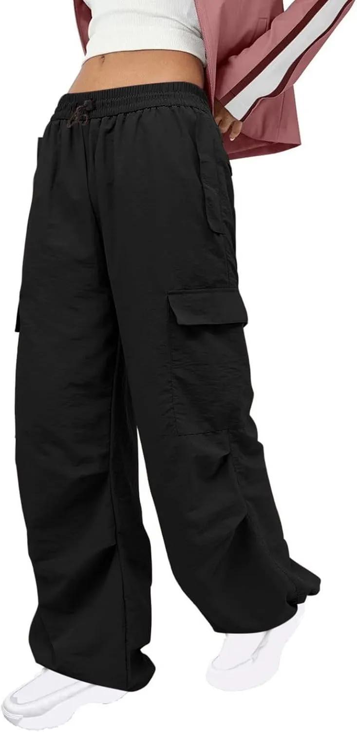 Y2K Teen Girls Street Cargo Pants Cute Low Waist Parachute Pants Multi-Pockets Wide Leg Cargo Pants Light Sweatpants
