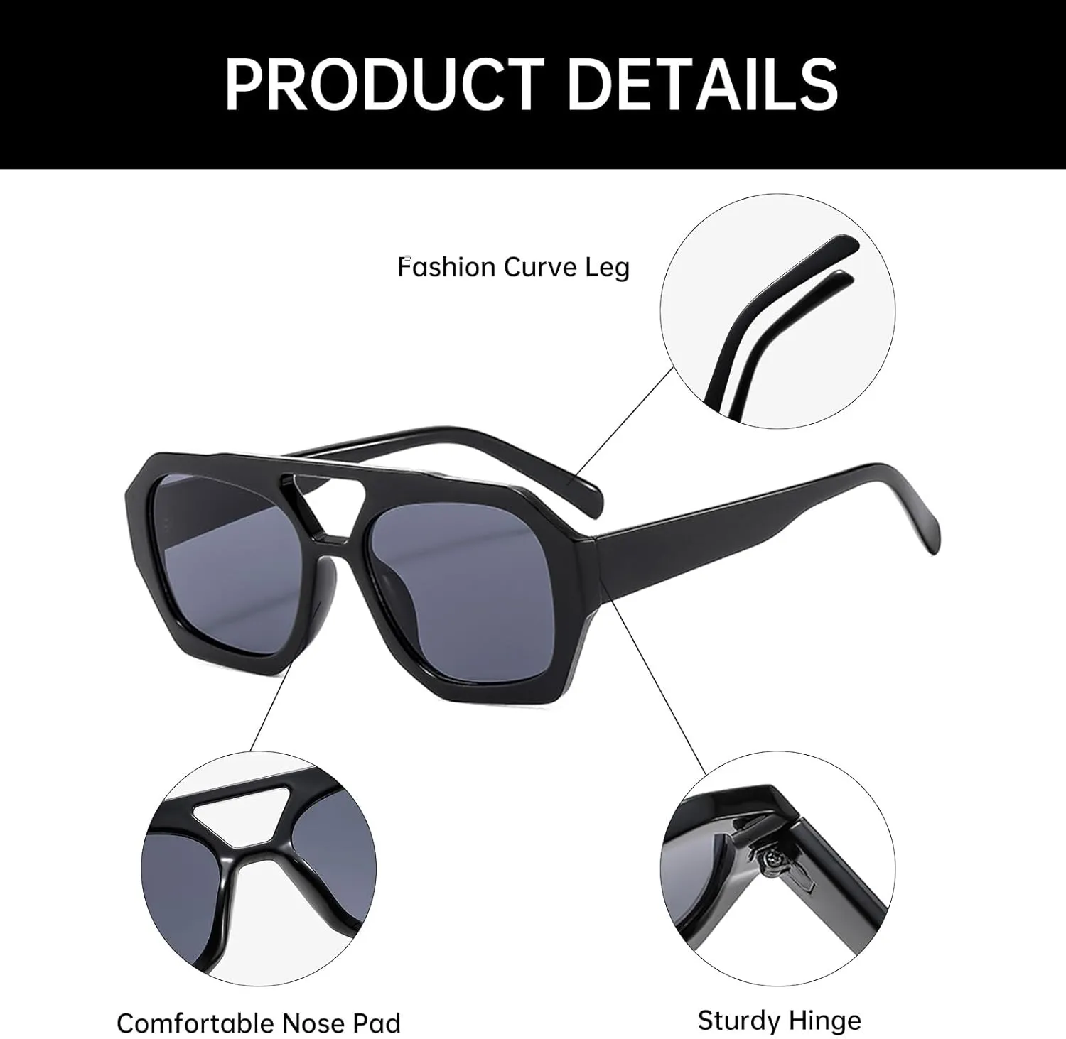 YAMEIZE 70s Double Bridge Hexagonal Sunglasses - Retro Pilot Sunglasses Square Geometric Eyewear Driving for Women Men