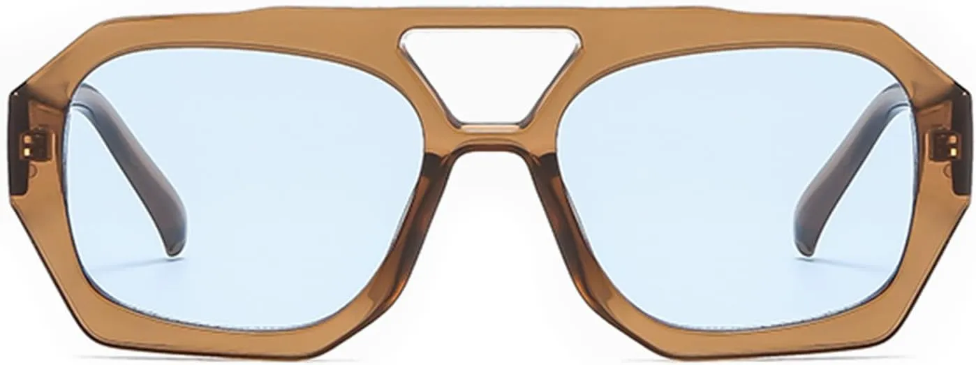 YAMEIZE 70s Double Bridge Hexagonal Sunglasses - Retro Pilot Sunglasses Square Geometric Eyewear Driving for Women Men