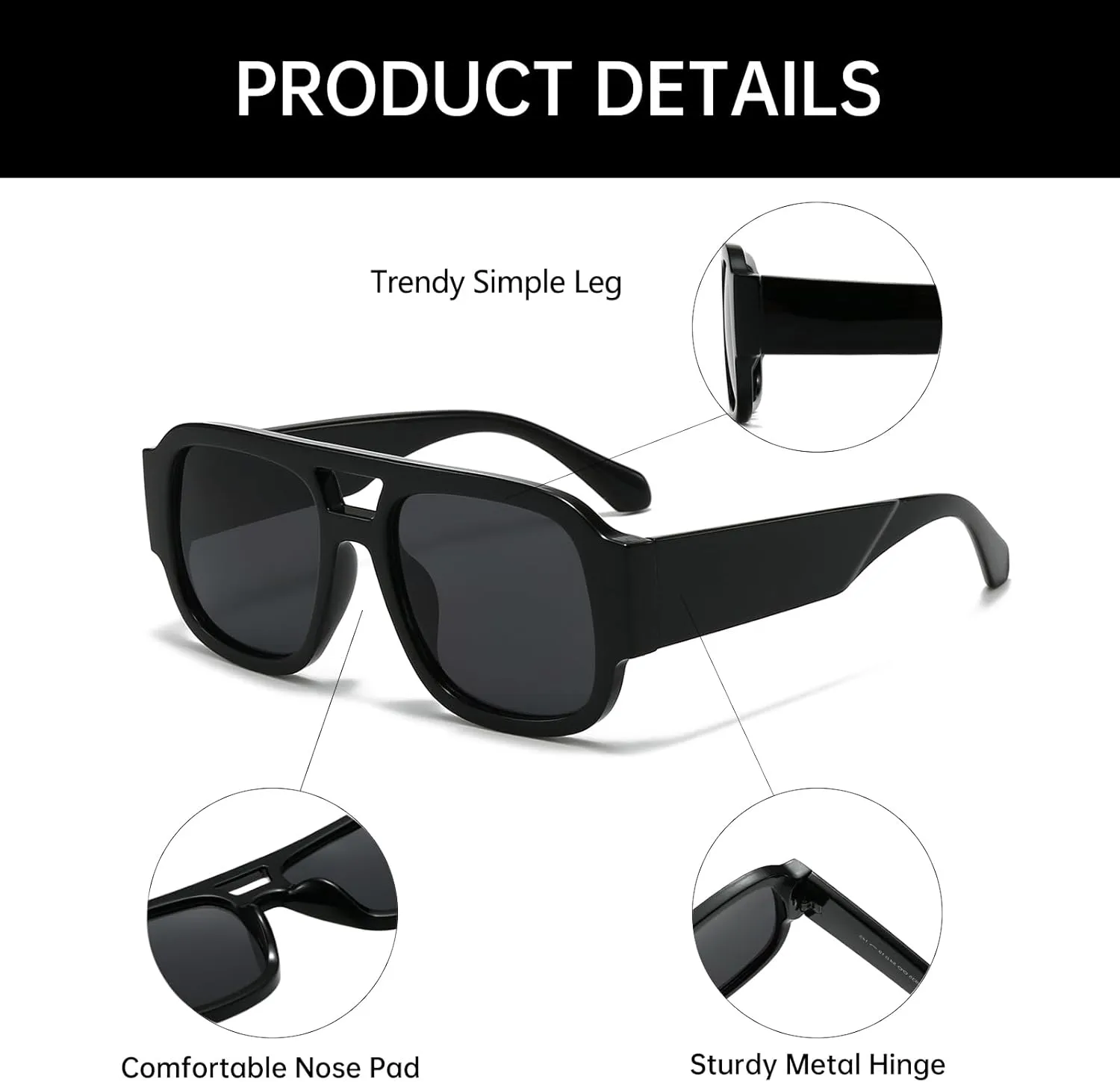YAMEIZE Retro Style Double Bridge Pilot - Sunglasses for Women Men Vintage 70s Rectangle Sunglasses Square Shade Driving