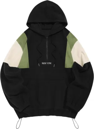 ZAFUL Men's Colorblock Sweatshirt NEW YORK Embroidery Fluffy Polar Fleece Half Zip Unisex Hooded Sweatshirt