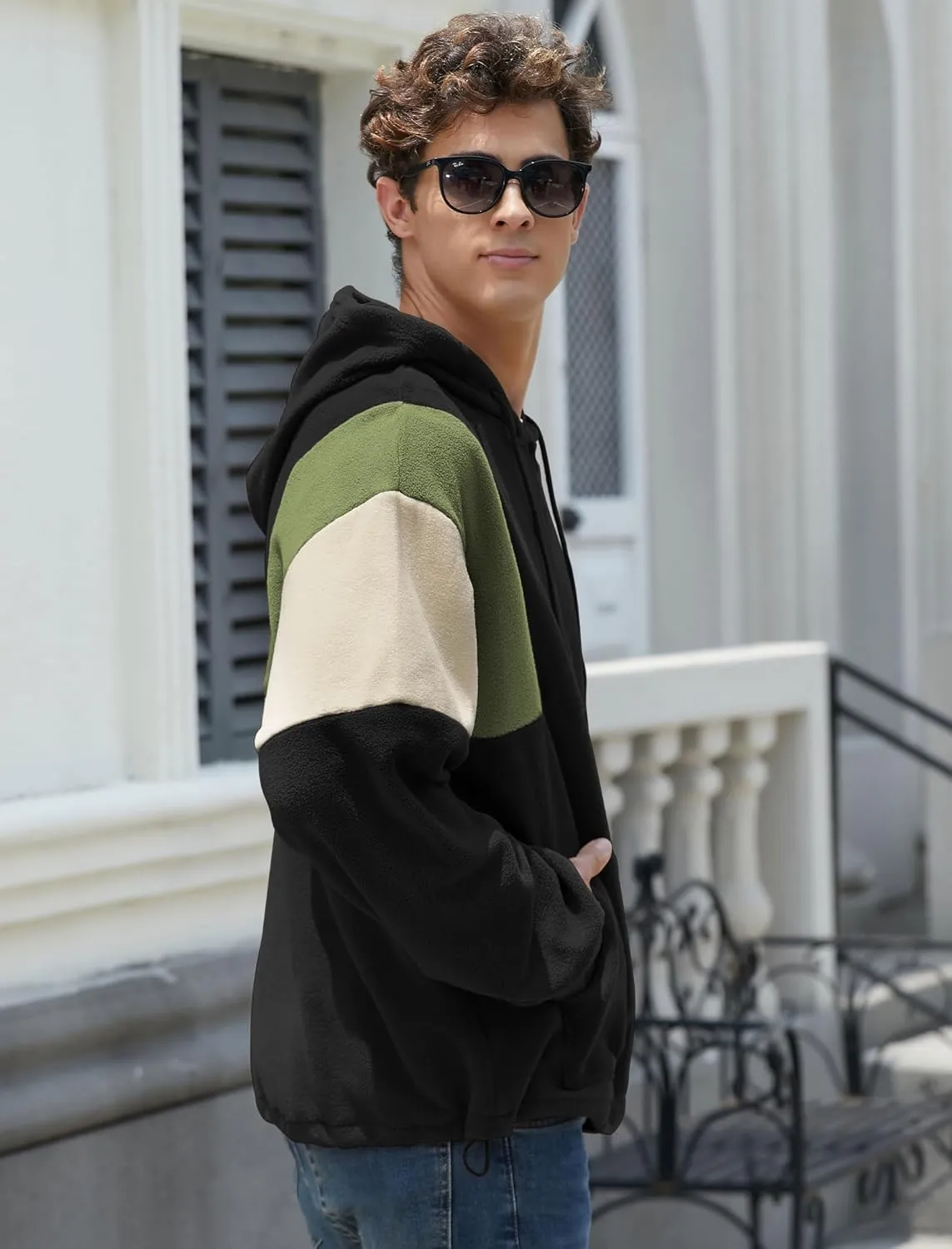 ZAFUL Men's Colorblock Sweatshirt NEW YORK Embroidery Fluffy Polar Fleece Half Zip Unisex Hooded Sweatshirt