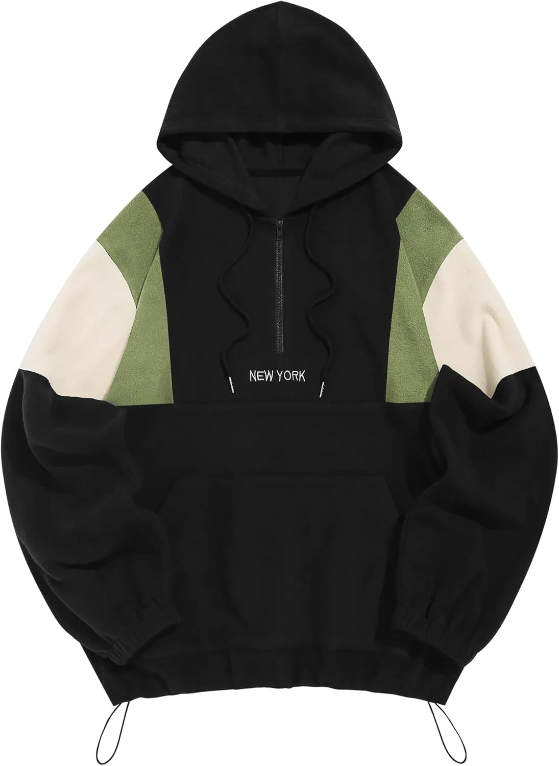 ZAFUL Men's Colorblock Sweatshirt NEW YORK Embroidery Fluffy Polar Fleece Half Zip Unisex Hooded Sweatshirt