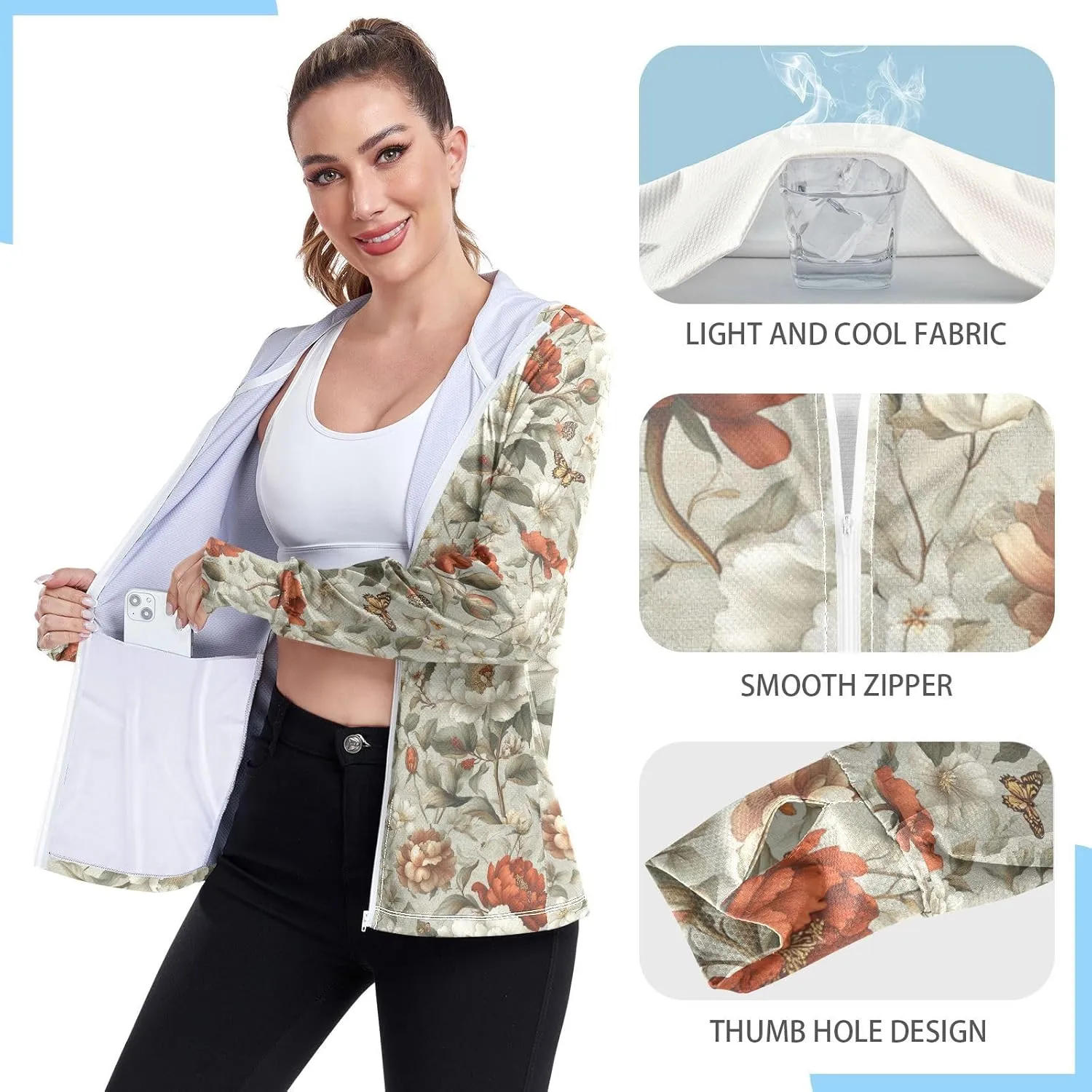 Zip Up Hoodie Women with Pockets Camping T-Shirt UPF 50  Protection Hooded Sweatshirt Hiking Outdoor Performance