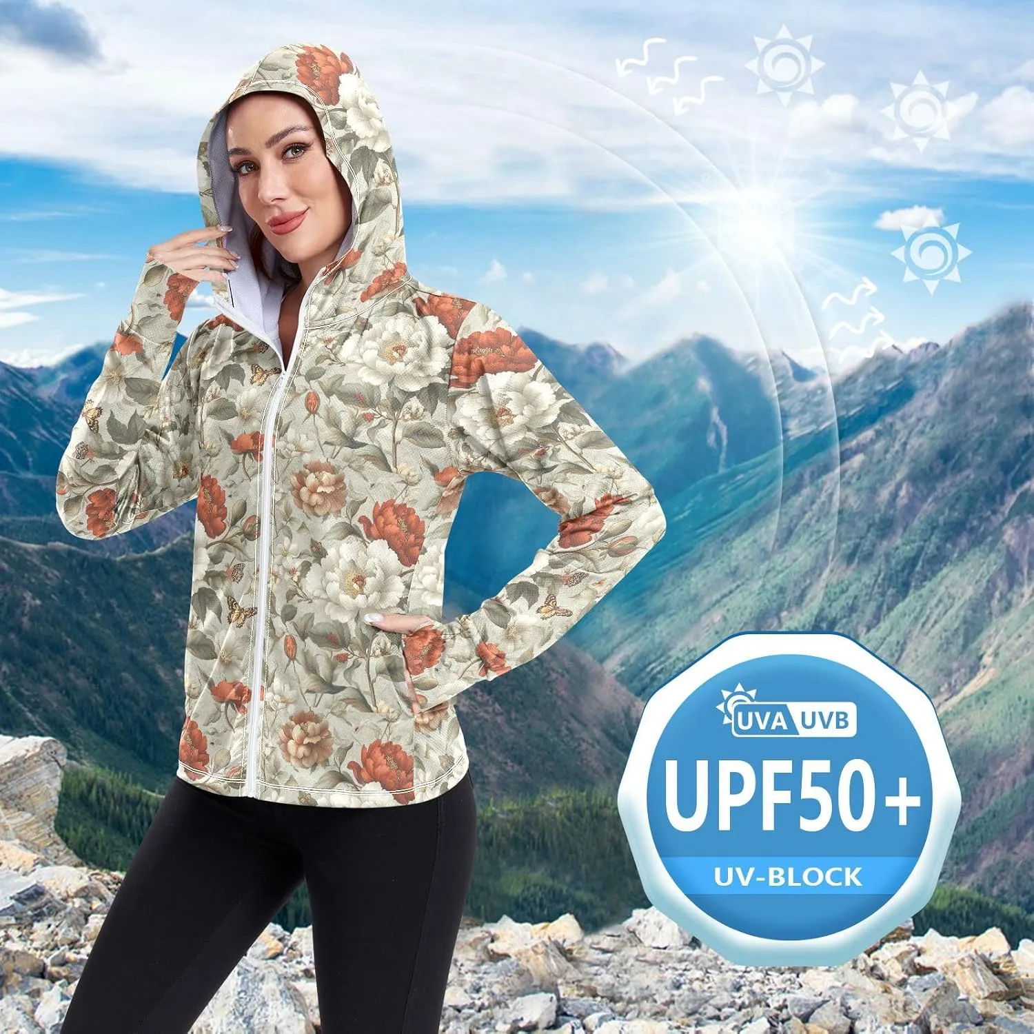 Zip Up Hoodie Women with Pockets Camping T-Shirt UPF 50  Protection Hooded Sweatshirt Hiking Outdoor Performance